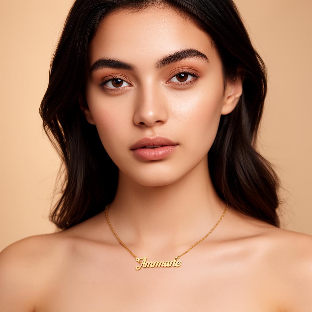 Woman wearing a custom gold name necklace