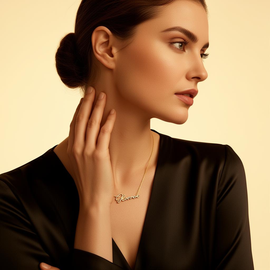 Side profile of woman wearing custom gold necklace